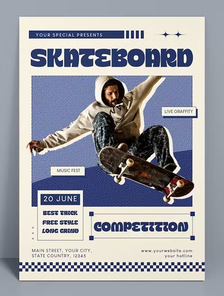 skate competition, skate event, skateboarding tournament, sporting event, action sports event, brand awareness, modern typography, editorial, energetic, bold, blue, neutral